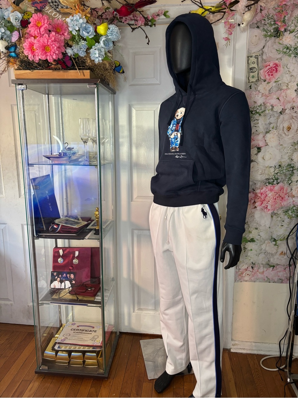 Ralph Lauren White Sweatpants (XL)with Navy Hoodie Bears graphic(L) set , 2piece